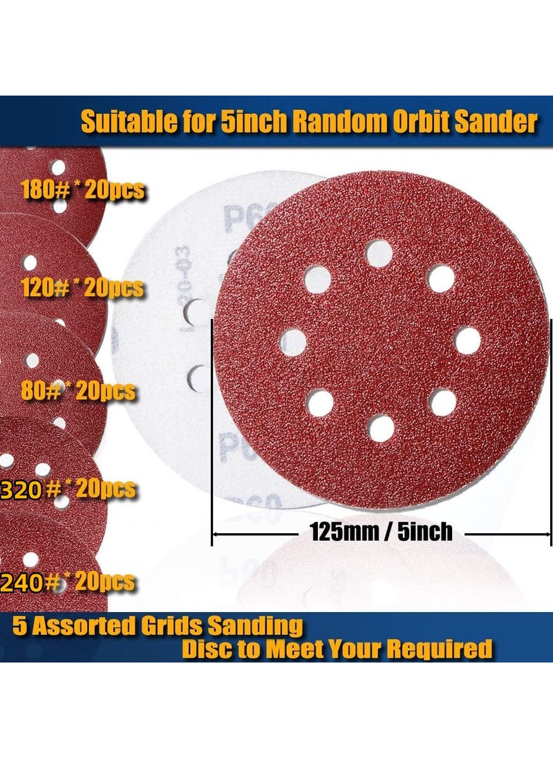 Hiras - 100-Piece 8 Holes 125mm Sanding Discs Sandpaper (Hook and Loop 20x80/120/180/240/320 Mixed Grit)5 Inch  Sandpaper Set for Sanding Grinders, Polishing Tools, Orbital Sanders - Image 1