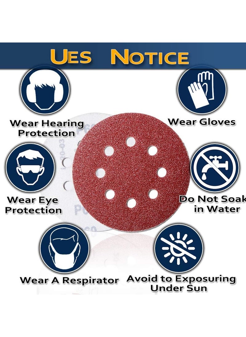 Hiras - 100-Piece 8 Holes 125mm Sanding Discs Sandpaper (Hook and Loop 20x80/120/180/240/320 Mixed Grit)5 Inch  Sandpaper Set for Sanding Grinders, Polishing Tools, Orbital Sanders - Image 1