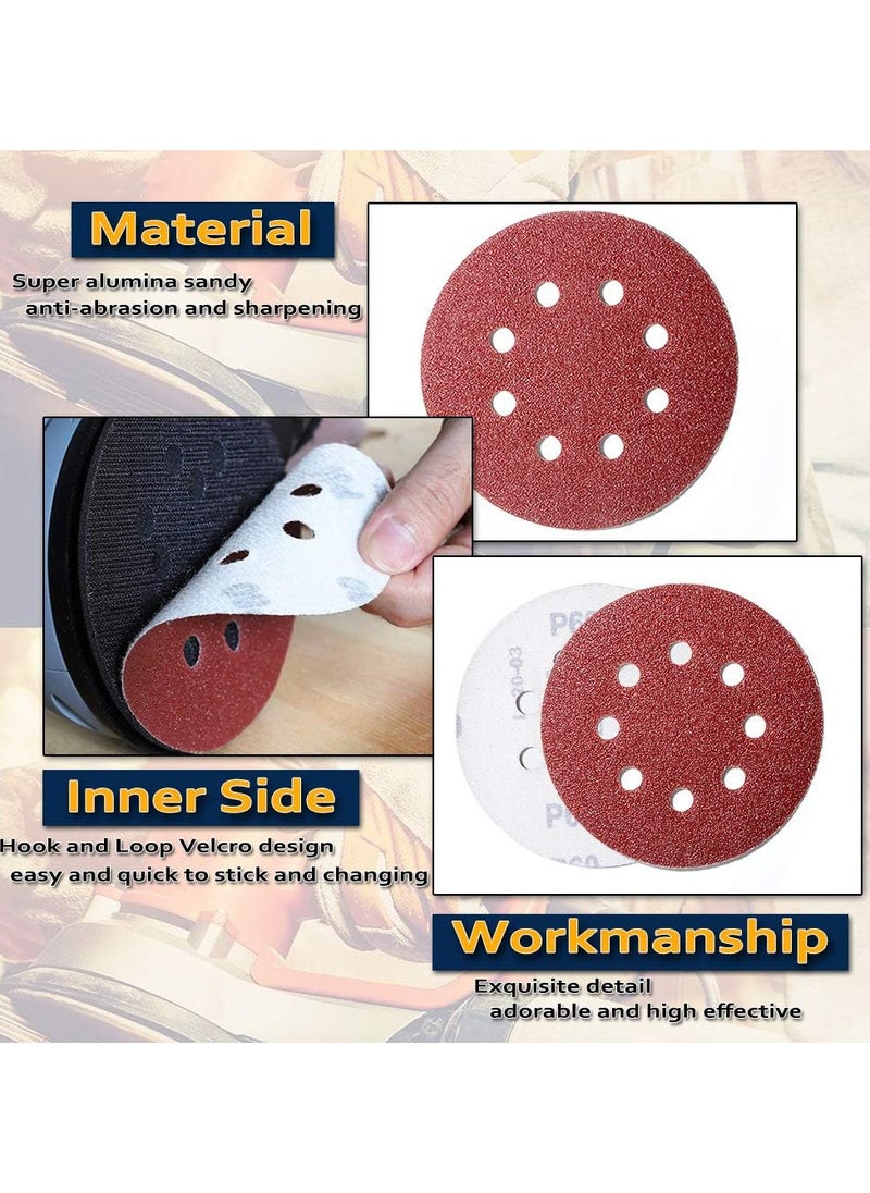 Hiras - 100-Piece 8 Holes 125mm Sanding Discs Sandpaper (Hook and Loop 20x80/120/180/240/320 Mixed Grit)5 Inch  Sandpaper Set for Sanding Grinders, Polishing Tools, Orbital Sanders - Image 1