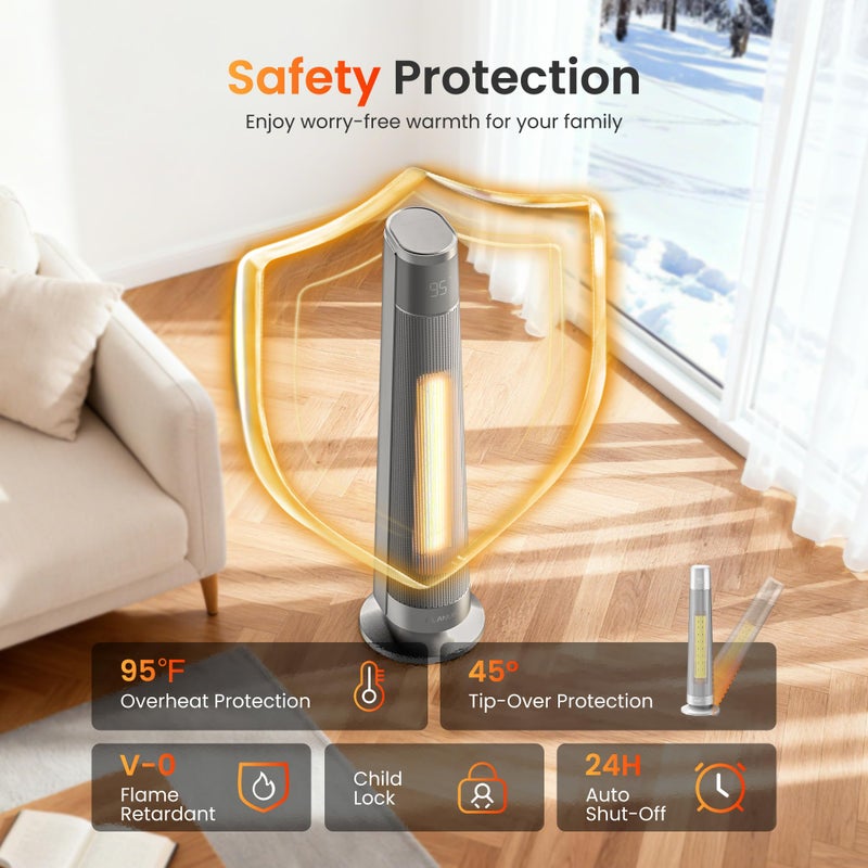 FLANUR 1500W PTC Ceramic Smart Space Heaters for Indoor Use, Portable Heater with Remote & App Control for Large Room, Office, ECO Modes, Safety Protection, 70Â° Oscillation, 12H Timer, Silver, 1 Pack - Image 5