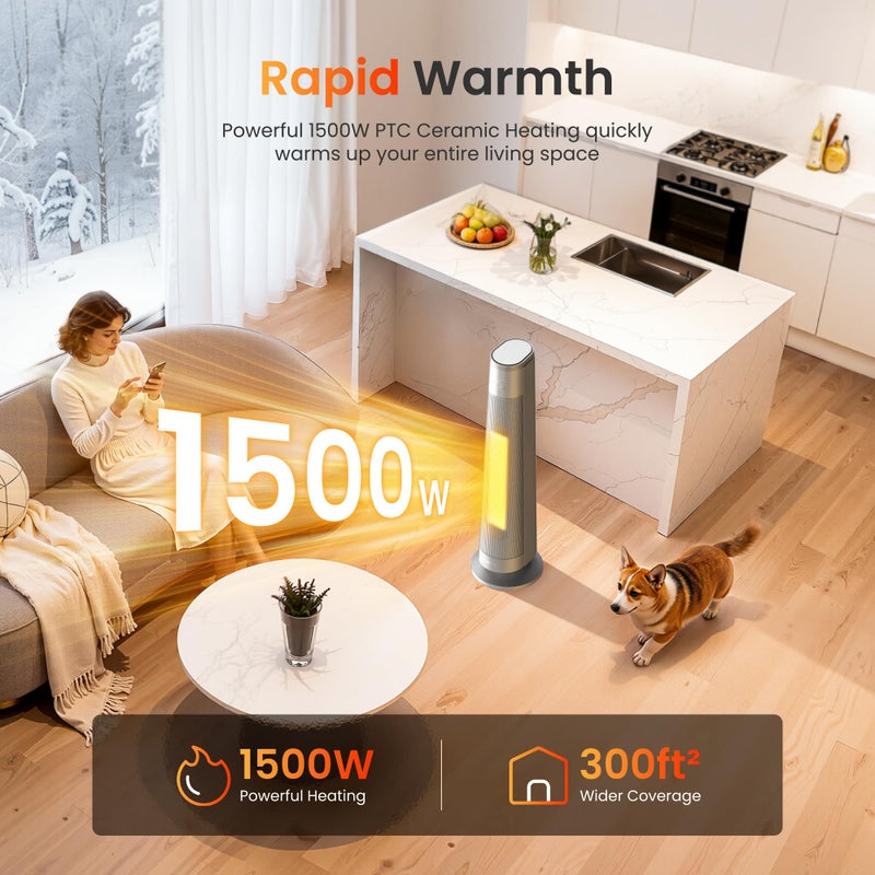 FLANUR 1500W PTC Ceramic Smart Space Heaters for Indoor Use, Portable Heater with Remote & App Control for Large Room, Office, ECO Modes, Safety Protection, 70Â° Oscillation, 12H Timer, Silver, 1 Pack - Image 2