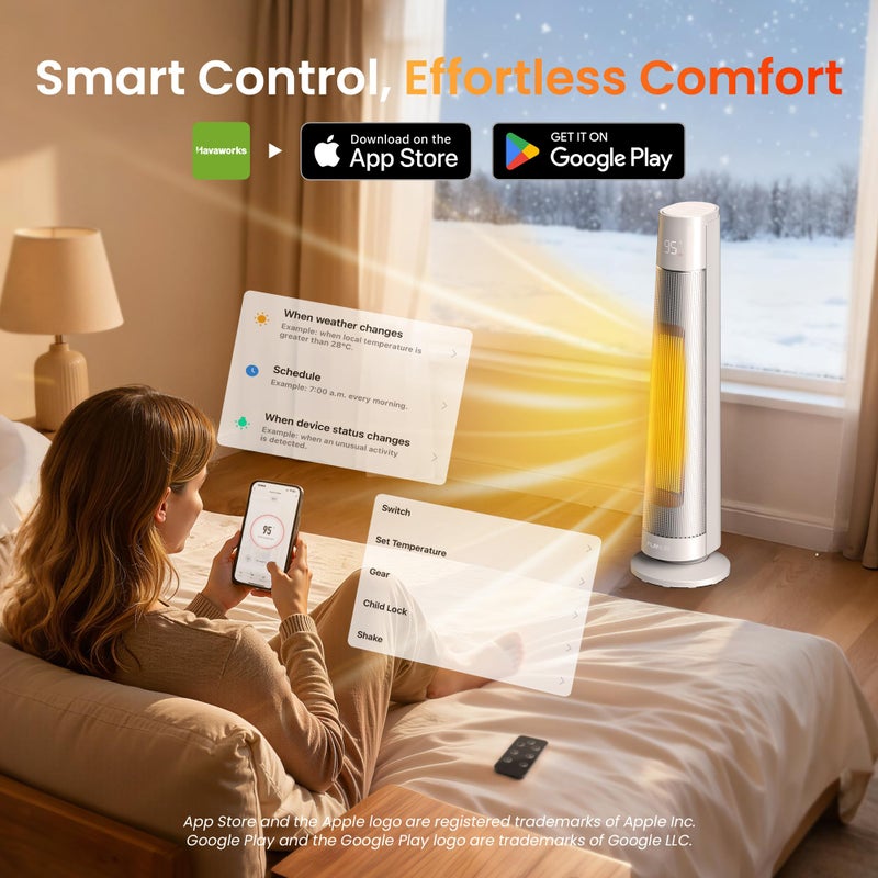 FLANUR 1500W PTC Ceramic Smart Space Heaters for Indoor Use, Portable Heater with Remote & App Control for Large Room, Office, ECO Modes, Safety Protection, 70Â° Oscillation, 12H Timer, Silver, 1 Pack - Image 3