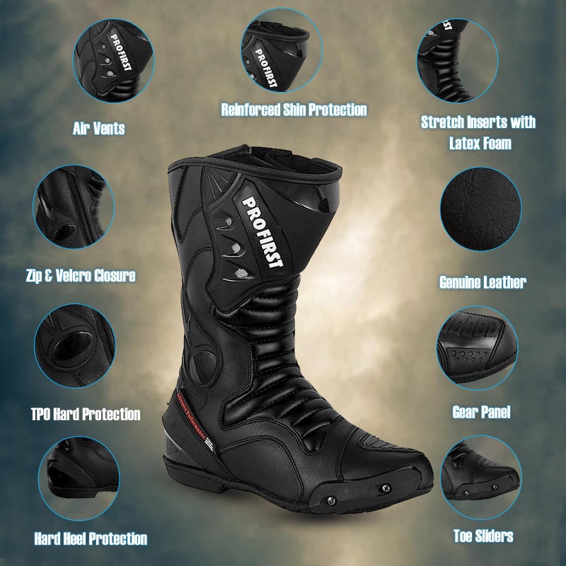 PROFIRST Motorbike Leather Boots Motorcycle Waterproof Motorbike Shoes Armored Boot Protection Anti Slip Racing Sports (Black, US Footwear Size System, Adult, Men, Numeric, Medium, 11) - Image 4