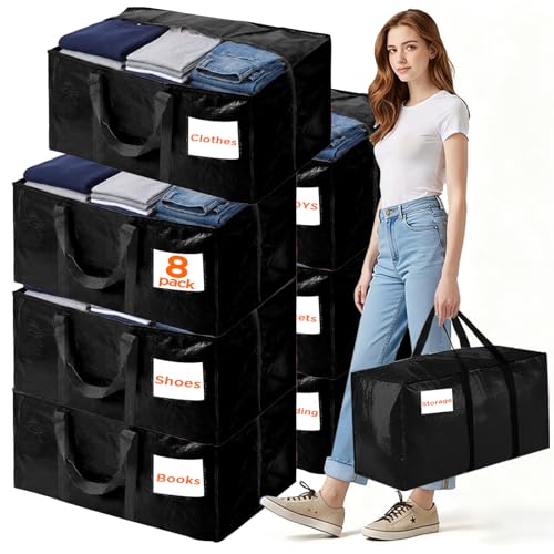 BETU 8 Pack Moving Bags Moving Storage College Dorm Camping Packing Travel PE Heavy Duty Sturdy Handle Zipper Large Storage Tote Bag Moving Boxes Box Alternative Black 29L x 14W x 13H - Image 1