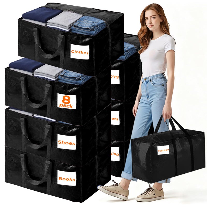 BETU 8 Pack Moving Bags Moving Storage College Dorm Camping Packing Travel PE Heavy Duty Sturdy Handle Zipper Large Storage Tote Bag Moving Boxes Box Alternative Black 29L x 14W x 13H - Image 2