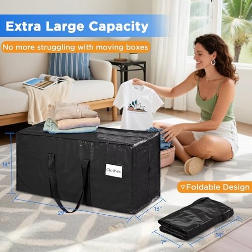 BETU 8 Pack Moving Bags Moving Storage College Dorm Camping Packing Travel PE Heavy Duty Sturdy Handle Zipper Large Storage Tote Bag Moving Boxes Box Alternative Black 29L x 14W x 13H - Image 3