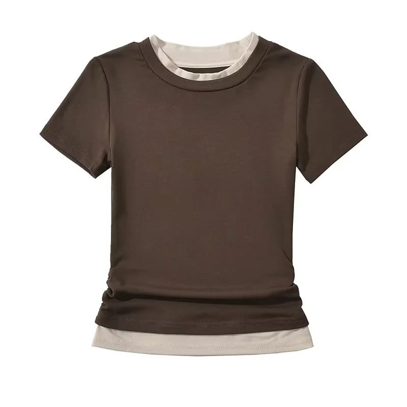 College style fresh sweet western style age-reducing fake two-piece T-shirt temperament contrast color design short inner wear for women - Image 1