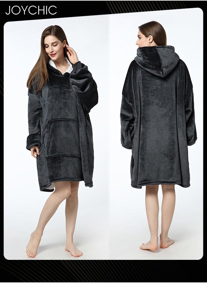 Joychic Solid Color Women Autumn and Winter Flannel Thickened Cold-proof Warm Hooded Pajamas Long-sleeved Comfortable Sleep Robe with Front Pockets Black One Size  - Image 1