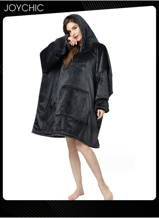 Joychic Solid Color Women Autumn and Winter Flannel Thickened Cold-proof Warm Hooded Pajamas Long-sleeved Comfortable Sleep Robe with Front Pockets Black One Size  - Image 2