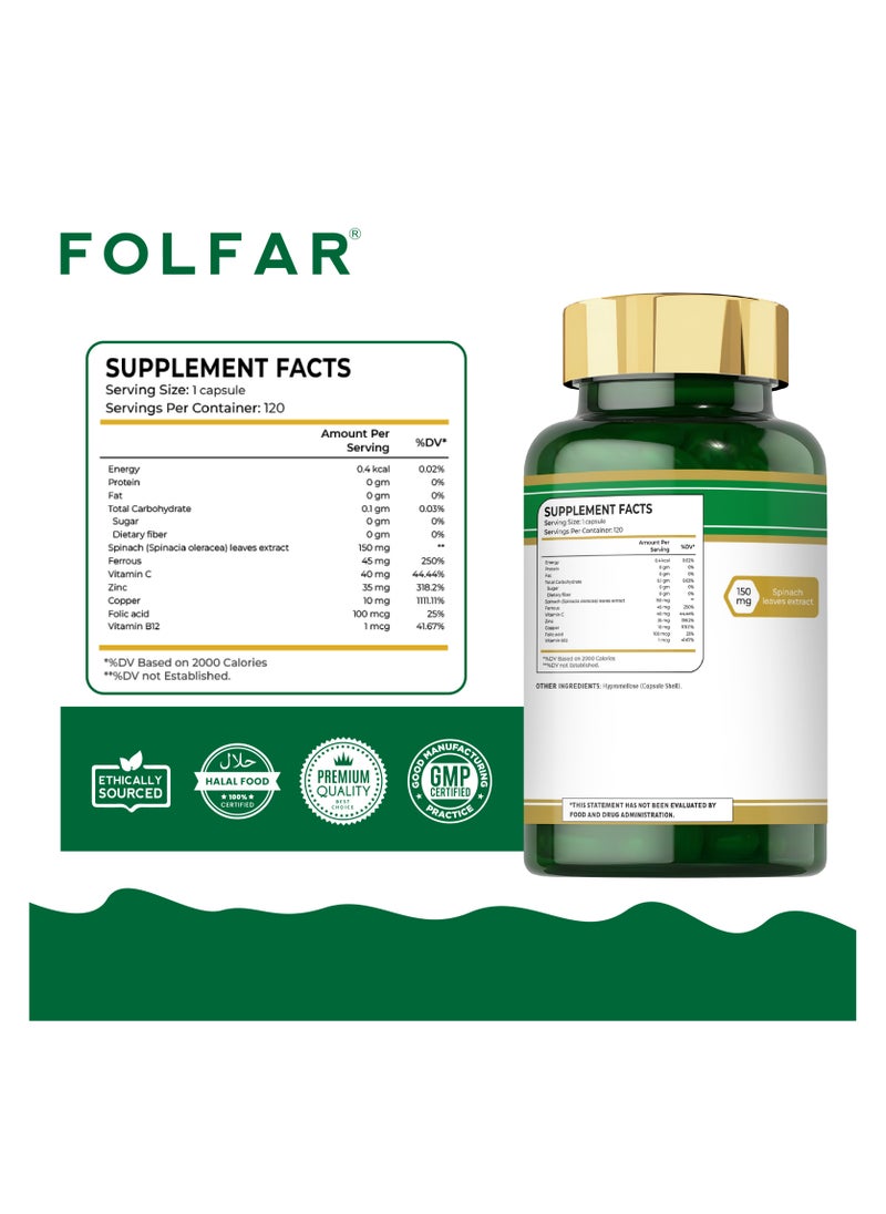 Folfar Iron + Folic Acid, Boosts Energy and Supports Immune System - 120 Capsules  - Image 2