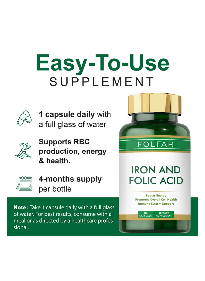 Folfar Iron + Folic Acid, Boosts Energy and Supports Immune System - 120 Capsules  - Image 5