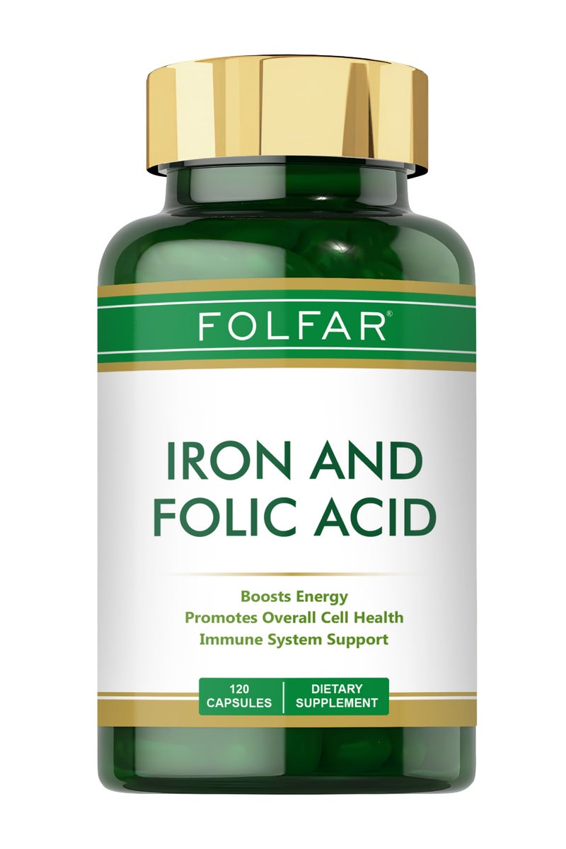 Folfar Iron + Folic Acid, Boosts Energy and Supports Immune System - 120 Capsules - Image 1