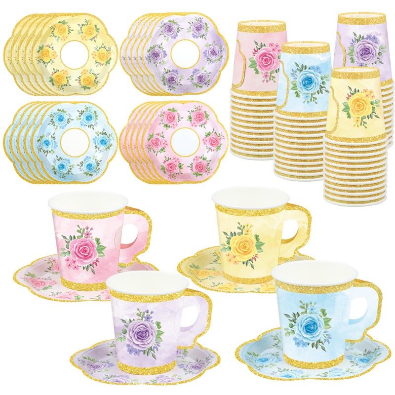 Fairooth 24 Sets Floral Paper Tea Cups and Saucers Disposable Tea Party Supplies Colorful Flower Teacups with Handle and Plates for Hot Cold Drink Wedding Birthday Party Baby Shower