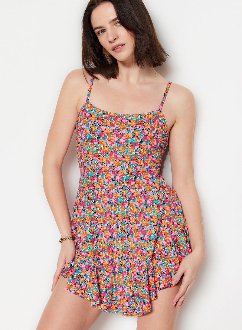 trendyol Multi-Colored Printed Strappy Flounced Mini Knitted Jumpsuit with Shorts TWOSS23TU00044 - Image 2