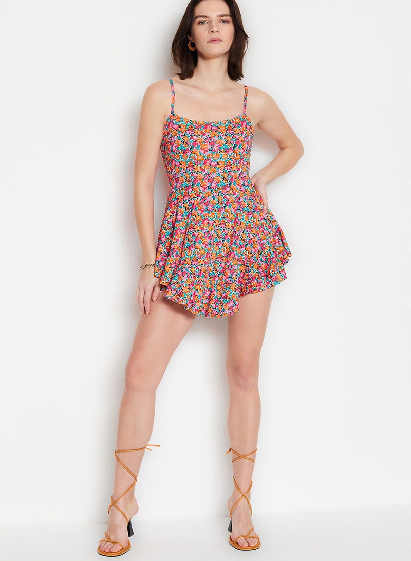 trendyol Multi-Colored Printed Strappy Flounced Mini Knitted Jumpsuit with Shorts TWOSS23TU00044 - Image 4