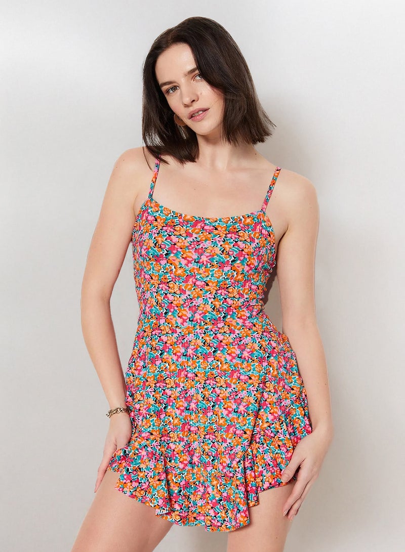 trendyol Multi-Colored Printed Strappy Flounced Mini Knitted Jumpsuit with Shorts TWOSS23TU00044 - Image 1