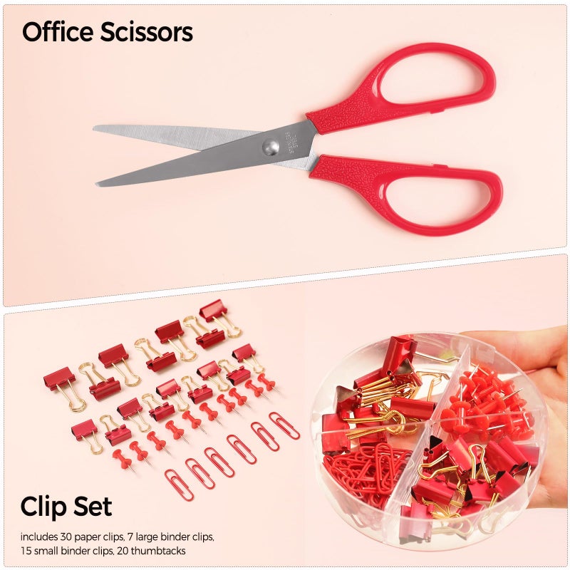 SKYDUE Red Office Supplies Set, Pencil Holder for Desk, Stapler, Tape Dispenser, Scissors,Clips and 1000pcs Staples, Office Decor for Women, Red Desk Accessories - Image 3