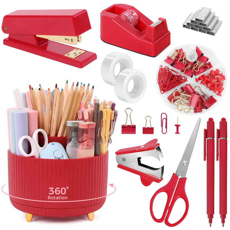 SKYDUE Red Office Supplies Set, Pencil Holder for Desk, Stapler, Tape Dispenser, Scissors,Clips and 1000pcs Staples, Office Decor for Women, Red Desk Accessories - Image 1