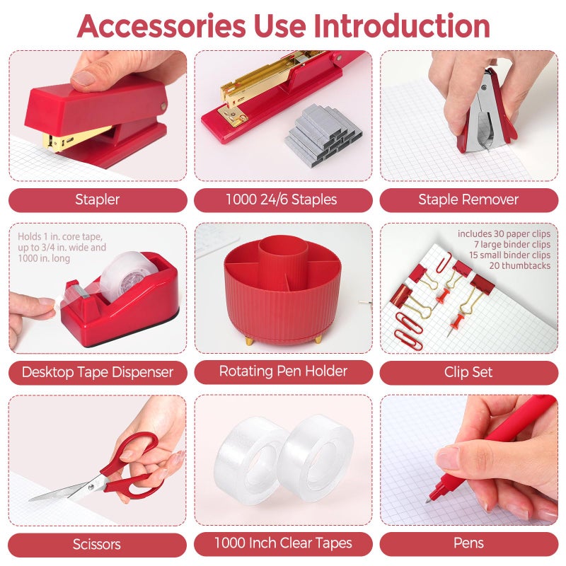 SKYDUE Red Office Supplies Set, Pencil Holder for Desk, Stapler, Tape Dispenser, Scissors,Clips and 1000pcs Staples, Office Decor for Women, Red Desk Accessories - Image 5