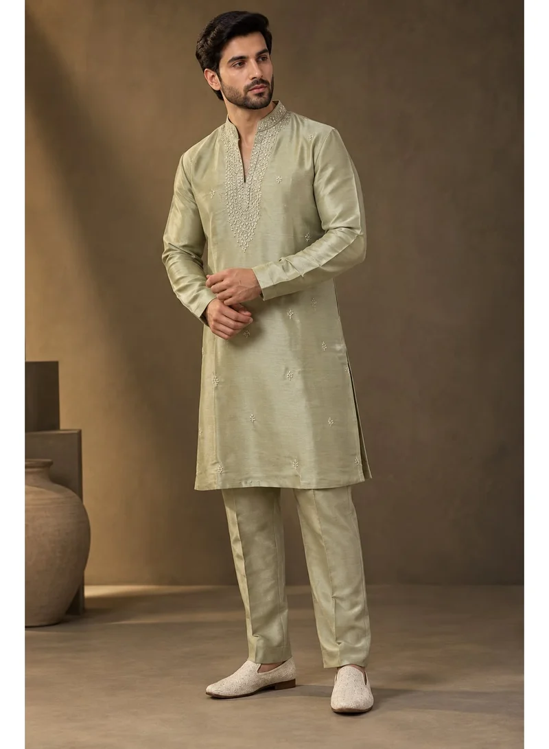 Lehar Beige Embroidered Silk Kurta with Ivory Straight Pants