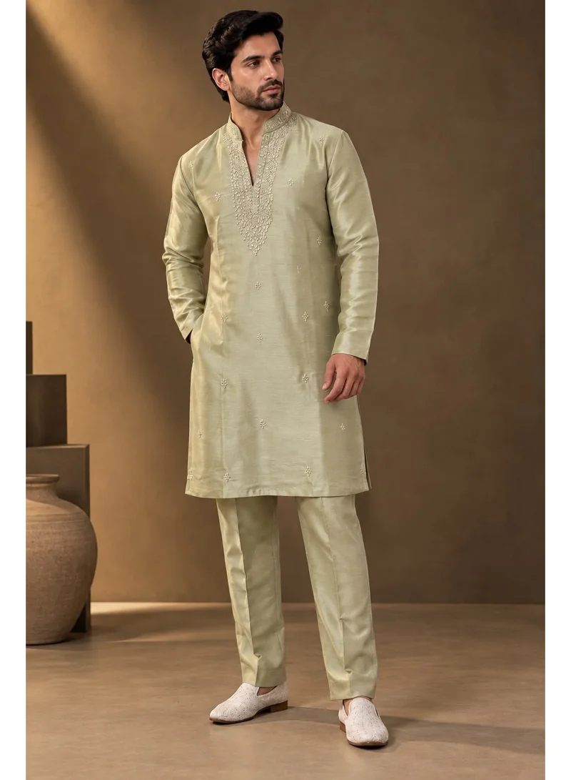 Lehar Beige Embroidered Silk Kurta with Ivory Straight Pants