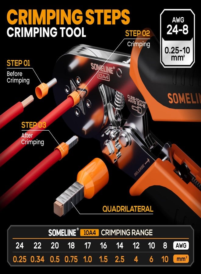 SOMELINE® Ferrule Crimping Tool Kit,Self-Adjusting Pliers for wire ferrules AWG 24-8, With 9 Sizes Insulated Wire Ferrules Terminals,Square Crimp Connector Assortment Kit (GX9-4) - Image 2