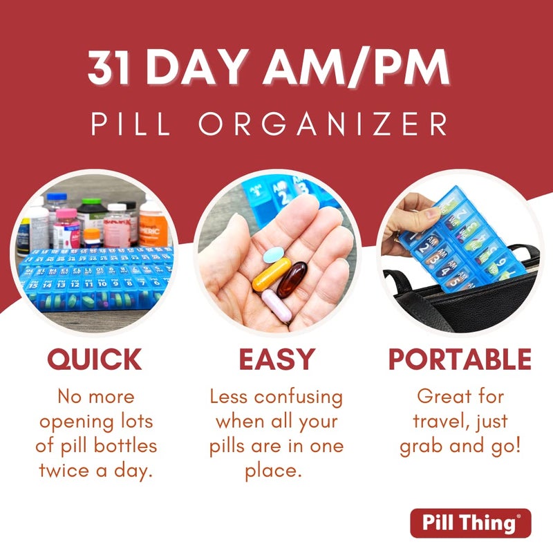 pill thing Twice-a-Day Monthly Pill Box Planner Set - AM & PM Medication Organizer for 31 Days! Set Contains 2 Organizers for One Month. (Blue - 31 Day AM/PM -1 Pack) - Image 4