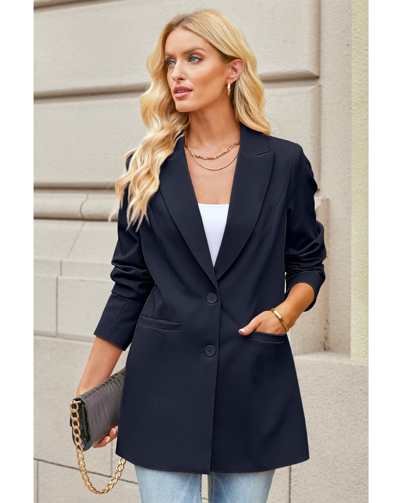 luvamia Blazers for Women Business Casual Long Blazer Jackets Dressy Work Professional Office Outfits Lapel Pockets Suit Jackets for Women Extra Long Blazer Navy Blue Size Medium Size 8 Size 10 - Image 3