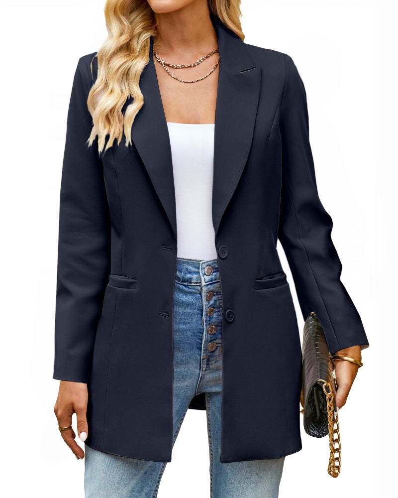 luvamia Blazers for Women Business Casual Long Blazer Jackets Dressy Work Professional Office Outfits Lapel Pockets Suit Jackets for Women Extra Long Blazer Navy Blue Size Medium Size 8 Size 10 - Image 1