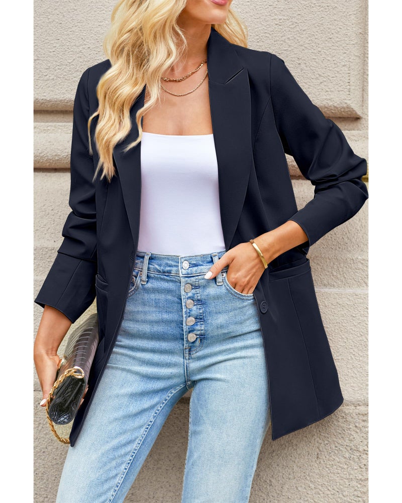 luvamia Blazers for Women Business Casual Long Blazer Jackets Dressy Work Professional Office Outfits Lapel Pockets Suit Jackets for Women Extra Long Blazer Navy Blue Size Medium Size 8 Size 10 - Image 2