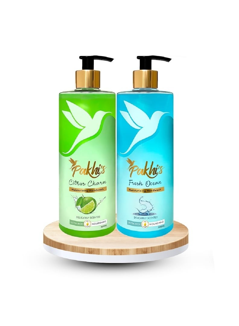 Pakhi's Pakhi’s Liquid Hand Soap – Twin Pack (2 x 500ml) - Moisturizing Foaming Hand Wash for bathroom and kitchen with Pump - Luxurious Nourishment for Your Skin (Citrus Charm + Fresh Ocean) - Image 1