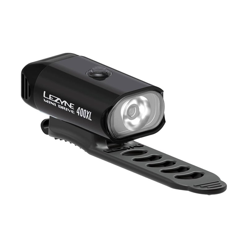 LEZYNE Mini Drive 400XL Bicycle Front Rechargeable IPX7 White LED Road Mountain Gravel Bike Light w/Multiple Solid & Flash Modes | Integrated Versatile Mounting Strap, 400 Lumens, Gloss Black - Image 1