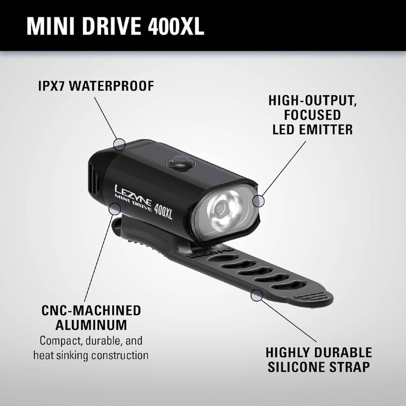 LEZYNE Mini Drive 400XL Bicycle Front Rechargeable IPX7 White LED Road Mountain Gravel Bike Light w/Multiple Solid & Flash Modes | Integrated Versatile Mounting Strap, 400 Lumens, Gloss Black - Image 4