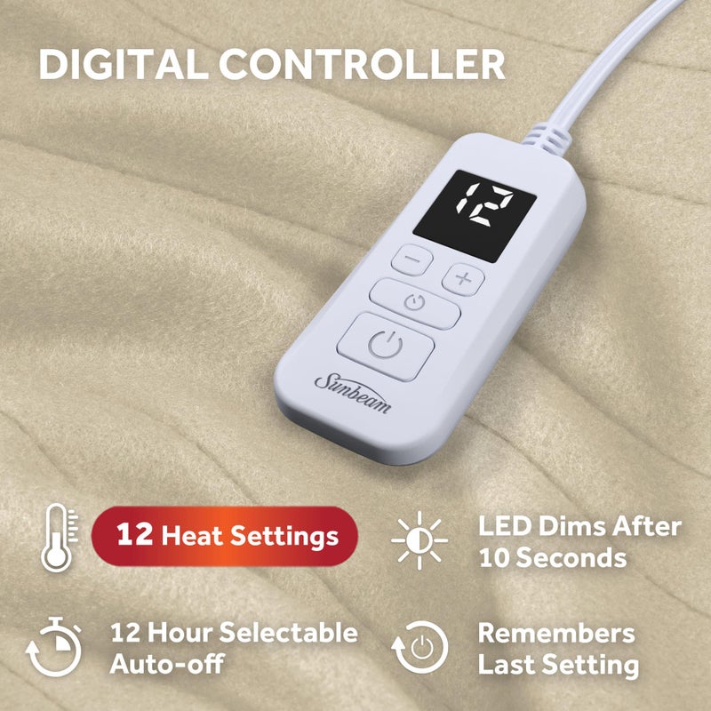 Sunbeam Royal Ultra Fleece Heated Electric Blanket Full Size, 84" x 72", 12 Heat Settings, 12-Hour Selectable Auto Shut-Off, Fast Heating, Machine Washable, Warm and Cozy, Pebble - Image 3