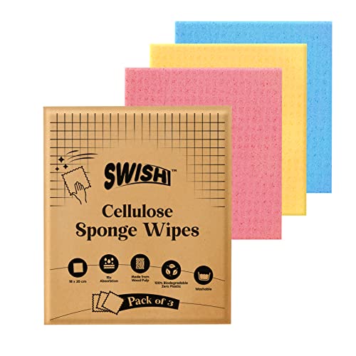 Swish Multi-Purpose Sponge Wipes (Pack of 3) | Reusable Kitchen Cleaning Sponge - 10x Absorbent | Multipupose Washable Sponge Wipes for Dry & Wet Use | Natural Cellulose Sponge Wipes for Kitchen - Image 1