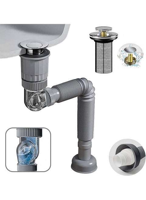 Bathroom Sink Drain Pipe Kit, 3 in 1 Plumbing Solution, Fits 1-1/4'' & 1-1/2'' Drain Holes, Anti-Odor and Anti-Backflow, Space-Saving Design Ideal for Bathrooms, RVs, and Kitchens