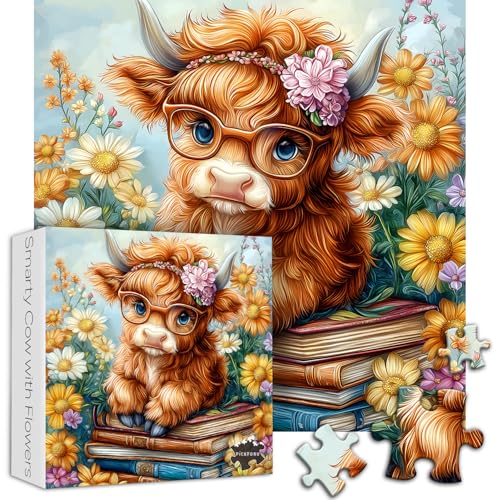 PICKFORU Highland Cow Puzzles for Adults 1000 Pieces Flower Book Cute Cow Themed Floral Garden Nature Animal Plant Jigsaw Puzzle - Image 5