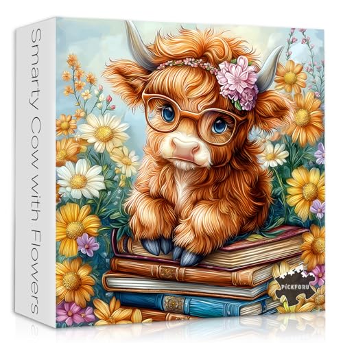 PICKFORU Highland Cow Puzzles for Adults 1000 Pieces Flower Book Cute Cow Themed Floral Garden Nature Animal Plant Jigsaw Puzzle - Image 1