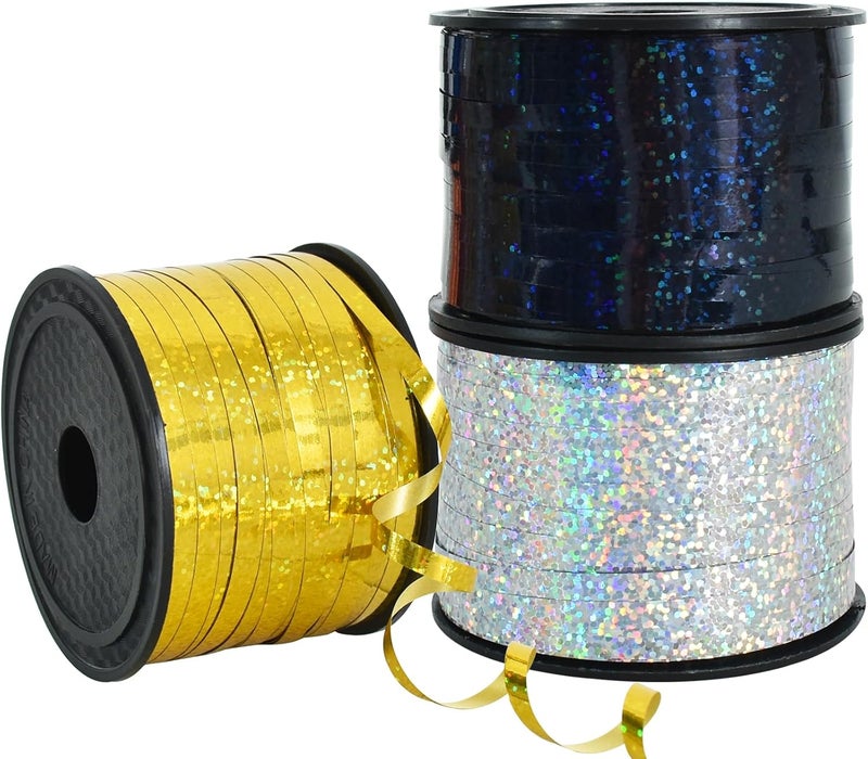 BEISHIDA 3 Pack 100 Yards Gold Silver Black Curling Crimped Glitter Ribbon Balloon String Shiny Metallic Gift Wrapping Ribbon for 2026 Happy New Year Graduation Retirement Birthday Party Decoration - Image 1