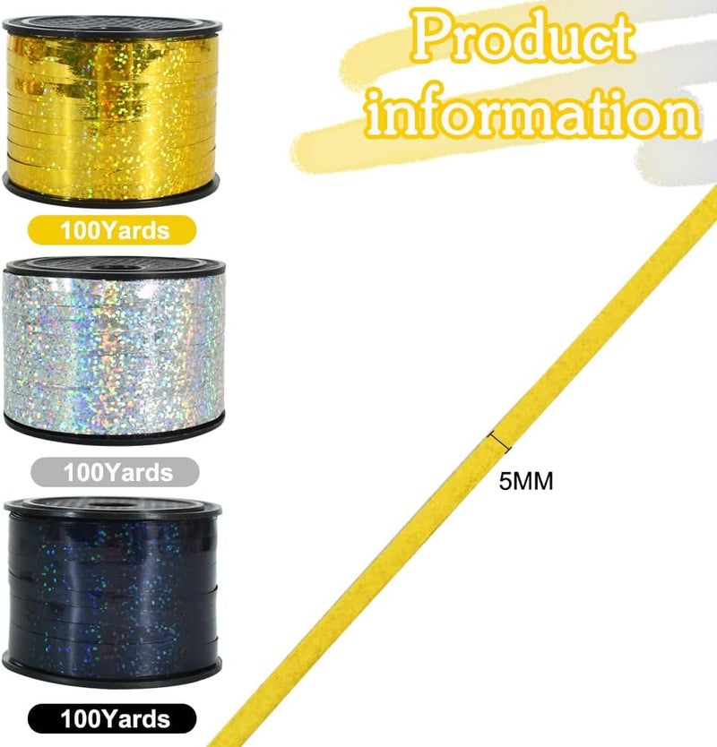 BEISHIDA 3 Pack 100 Yards Gold Silver Black Curling Crimped Glitter Ribbon Balloon String Shiny Metallic Gift Wrapping Ribbon for 2026 Happy New Year Graduation Retirement Birthday Party Decoration - Image 2