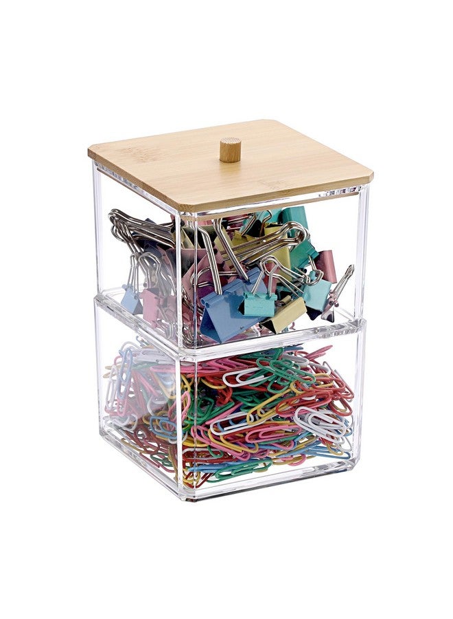 بي تي سكاي حامل مشبك ورق شفاف قابل للتكديس مع غطاء من الخيزران، صندوق مشبك ورق مكون من طبقتين، منظم ملحقات اللوازم المكتبية السميك من الأكريليك، حامل تخزين صغير مربع الشكل، حامل أعواد قطنية لطيف لطاولة الزينة في المكتب والحمام - Image 1