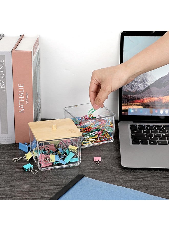 بي تي سكاي حامل مشبك ورق شفاف قابل للتكديس مع غطاء من الخيزران، صندوق مشبك ورق مكون من طبقتين، منظم ملحقات اللوازم المكتبية السميك من الأكريليك، حامل تخزين صغير مربع الشكل، حامل أعواد قطنية لطيف لطاولة الزينة في المكتب والحمام - Image 2