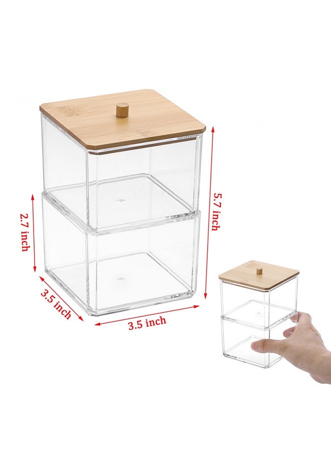 بي تي سكاي حامل مشبك ورق شفاف قابل للتكديس مع غطاء من الخيزران، صندوق مشبك ورق مكون من طبقتين، منظم ملحقات اللوازم المكتبية السميك من الأكريليك، حامل تخزين صغير مربع الشكل، حامل أعواد قطنية لطيف لطاولة الزينة في المكتب والحمام - Image 3