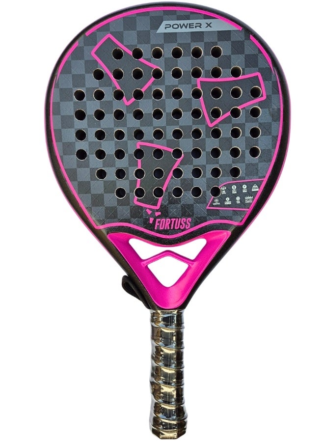 FORTUSS Padel Tennis Racket – Full Carbon Fiber – Dual 3D Texture & Rough Max Grit Surface with Light EVA Memory Flex Foam Core – Padel Racquet – Round Shape Paddle Racket with Bag Included (Pink)