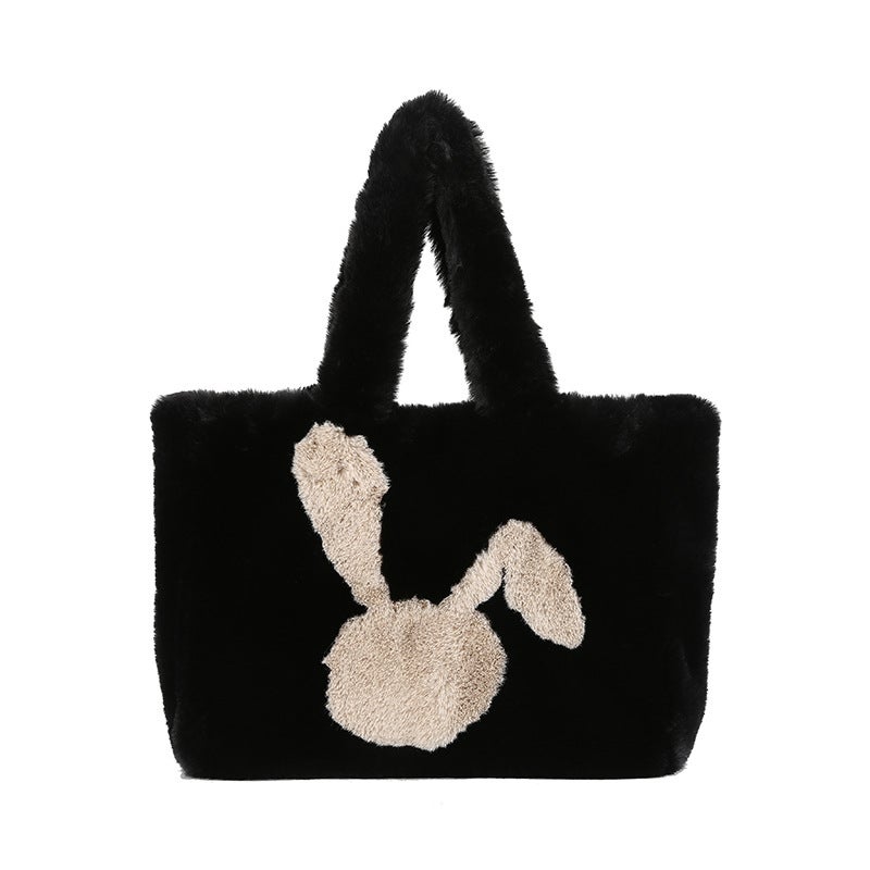 Plush Bag Travel Rabbit Pattern Furry 2024 Commuter Tote Large Capacity Plush Tote Bag - Image 1