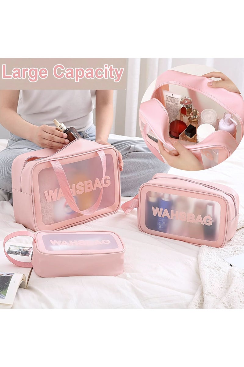 Cosmetic Bag,3 Pcs Toiletry Bag Makeup Bag Travel Bag Set for Toiletries, Portable Toiletry Bags for Traveling Women, Translucent Waterproof Make Up Bag for Travel and Bathroom (Pink) - Image 4