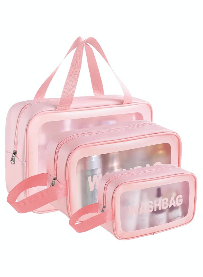 Cosmetic Bag,3 Pcs Toiletry Bag Makeup Bag Travel Bag Set for Toiletries, Portable Toiletry Bags for Traveling Women, Translucent Waterproof Make Up Bag for Travel and Bathroom (Pink) - Image 1