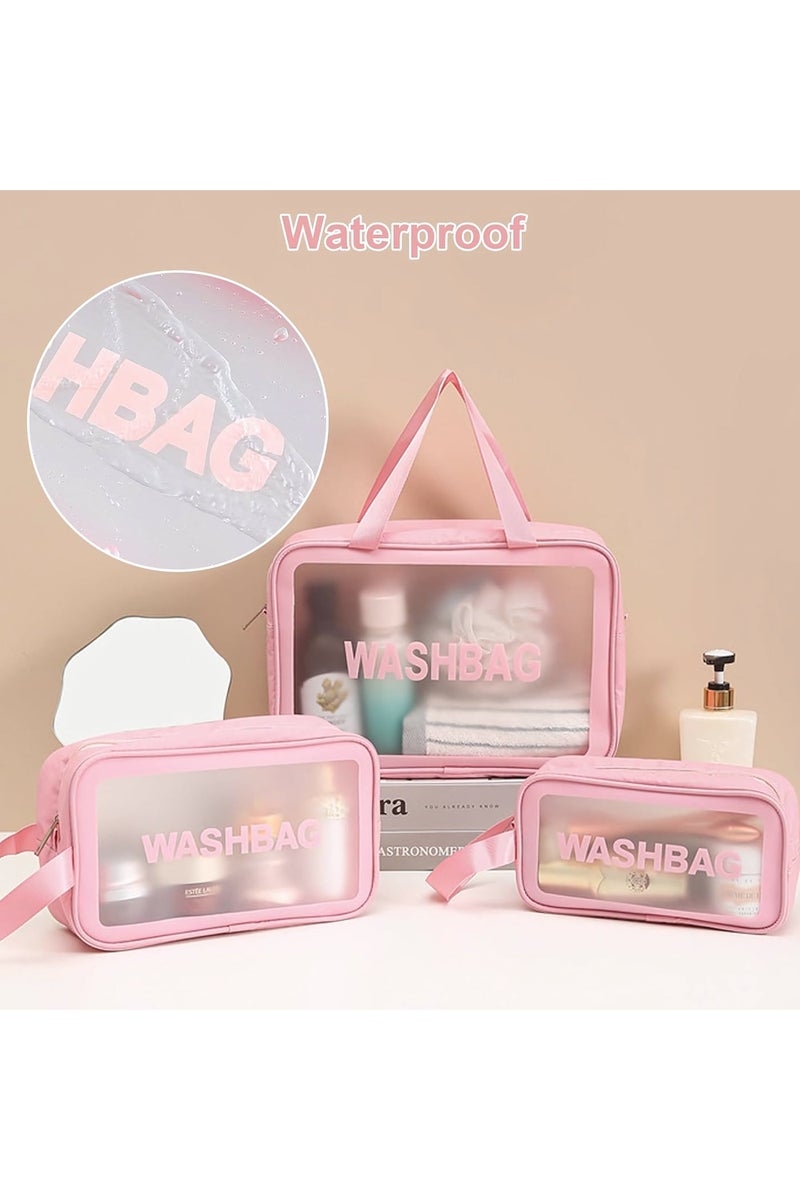 Cosmetic Bag,3 Pcs Toiletry Bag Makeup Bag Travel Bag Set for Toiletries, Portable Toiletry Bags for Traveling Women, Translucent Waterproof Make Up Bag for Travel and Bathroom (Pink) - Image 5