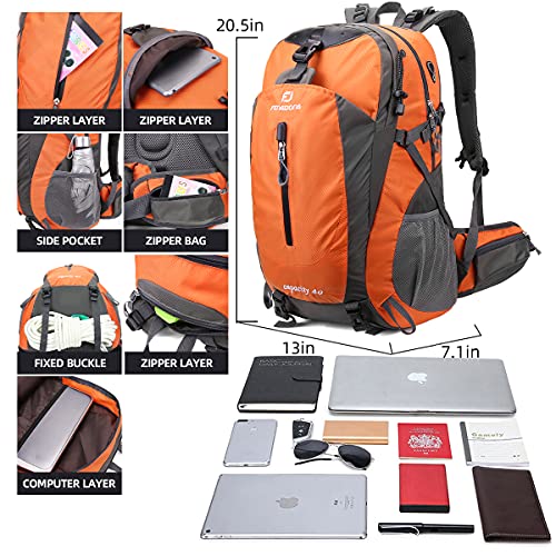 FENGDONG 40L Waterproof Lightweight Outdoor Daypack Hiking,Camping,Travel Backpack for Men Women Orange - Image 2