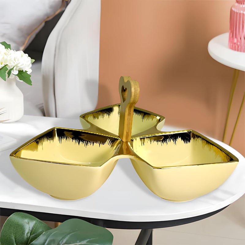Lemon Tree Ceramic TriPart Platter with Bamboo Handle Golden Rim Design Serving Platter for Nuts Chips Snacks Desserts Fruits Dips Chutney Cream - Image 2
